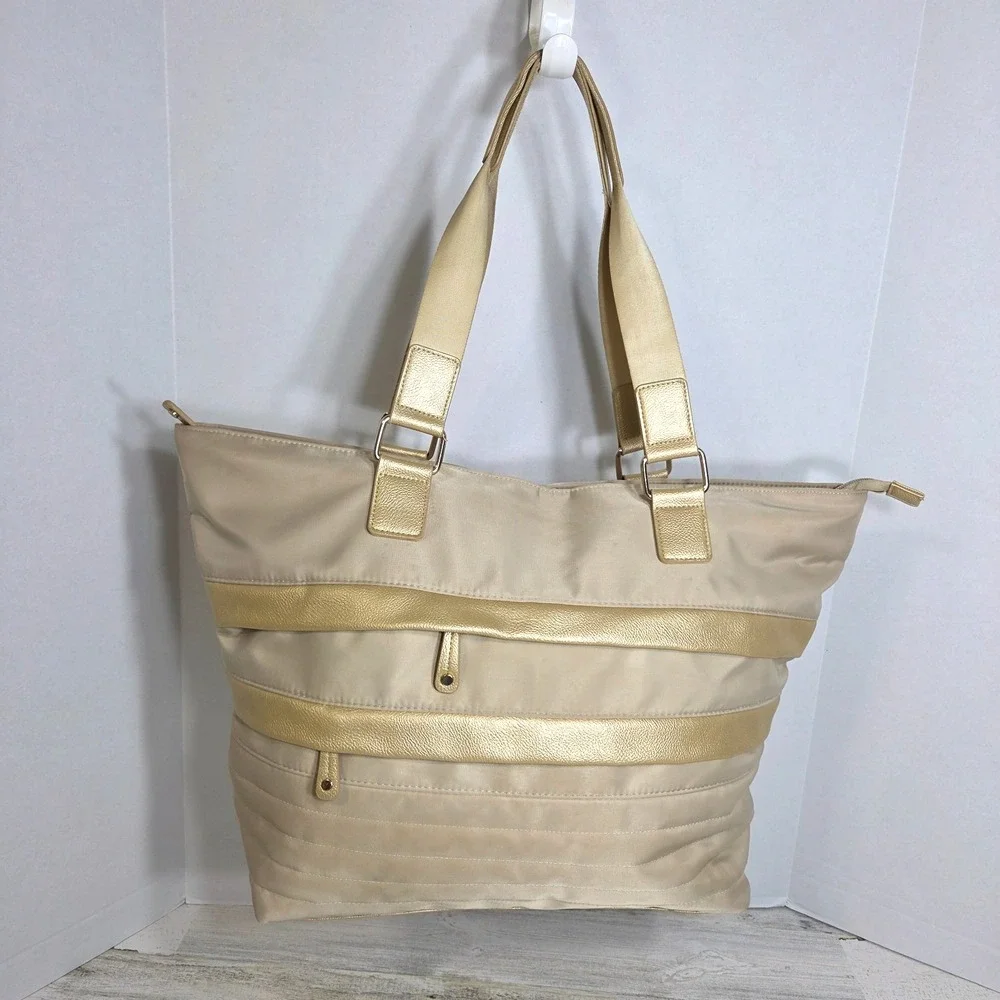 Chicos Large Tote Bag Champagne Gold Nylon Vegan Leather Weekender Travel Purse